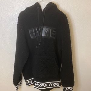 Medium, black, HYPE sheep fur hoodie.